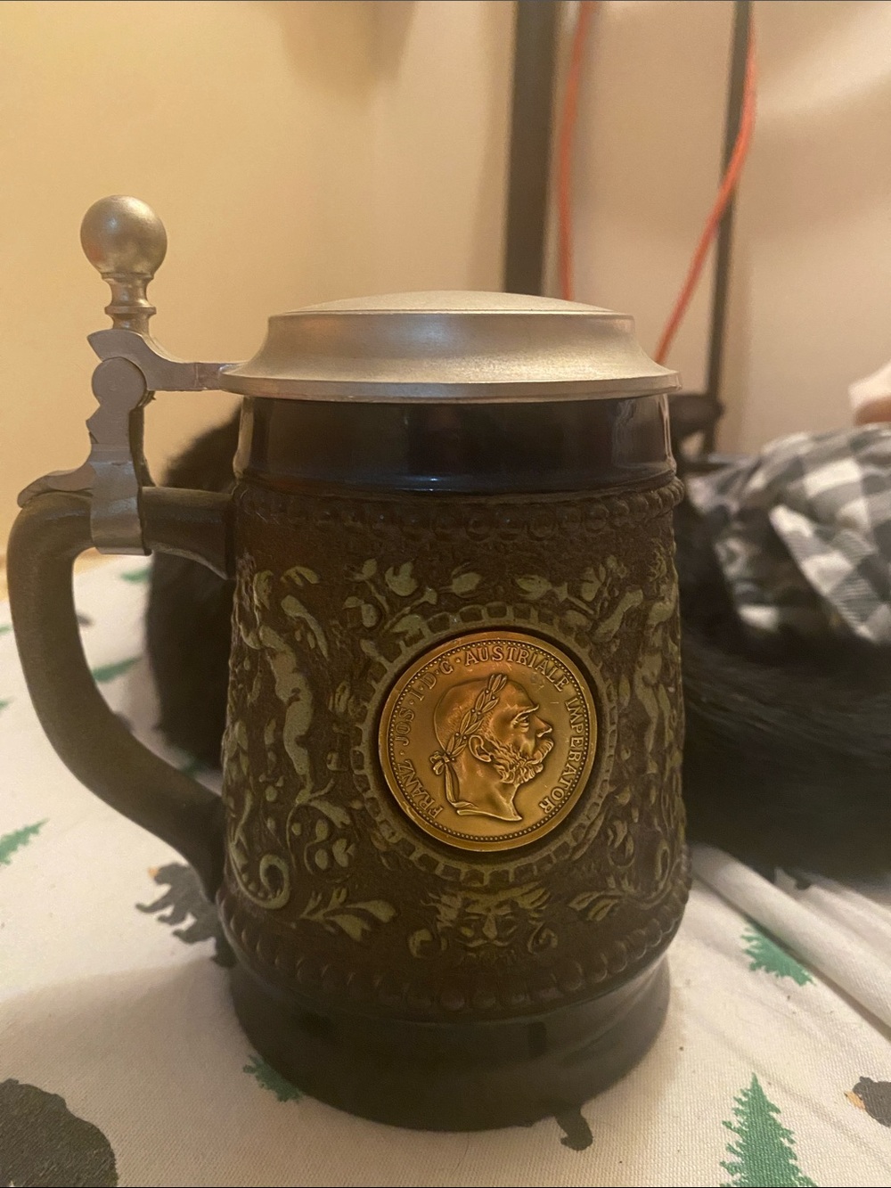 Vintage-Style Brown Ceramic Beer Stein with Pewter Lid